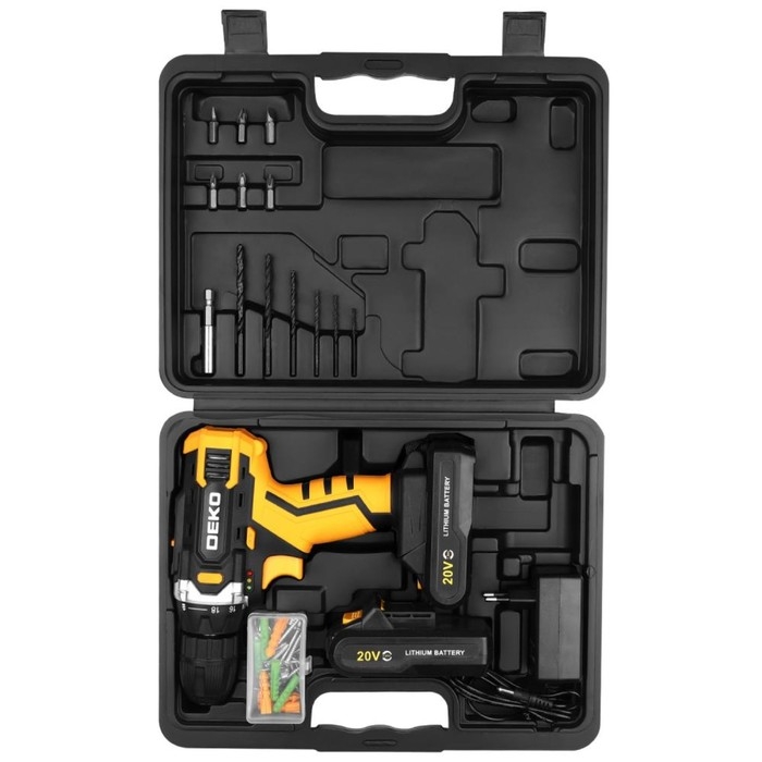 Дрель-шуруповерт DEKO Banger 20V, 20 В, 2х1.5 Ач, кейс + набор инструментов 63 предмета