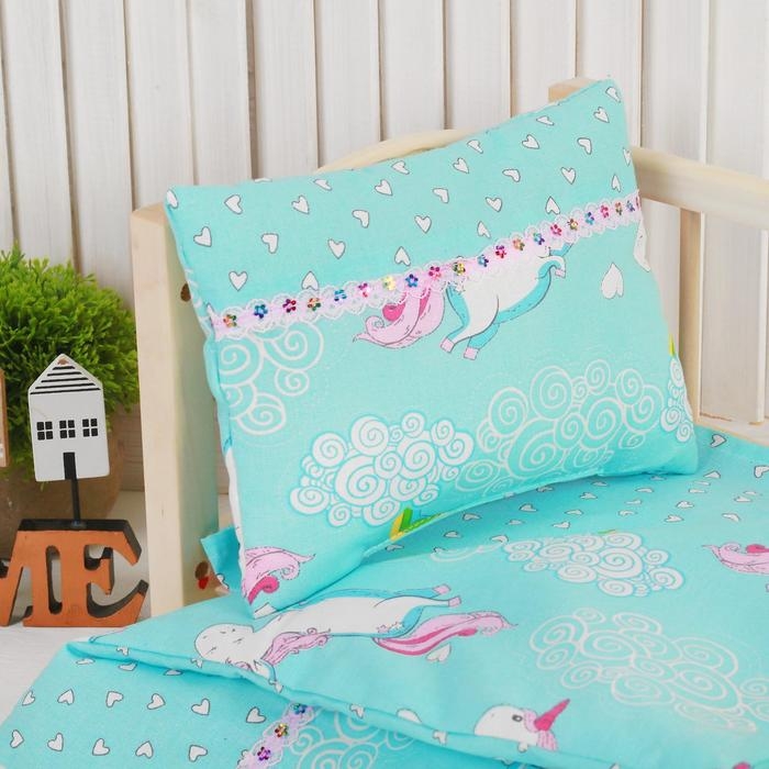 Постельное бельё для кукол «Единорог на голубом», простынь, одеяло, подушка Постельное бельё для кукол «Единорог на голубом», простынь, одеяло, подушка