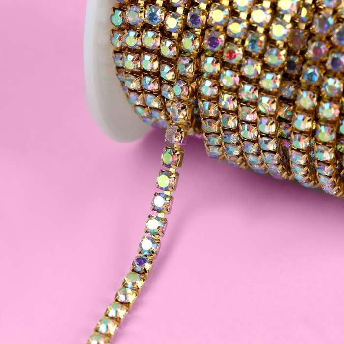 Цепь со стразами, с голографией, металл, стекло, 3,5 мм, 9 ± 1 м, цвет золотой Цепь со стразами, с голографией, металл, стекло, 3,5 мм, 9 ± 1 м, цвет золотой