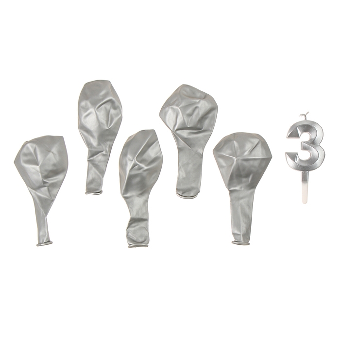 Свечи для торта + 5 шаров, цифра 3, серебро Свечи для торта + 5 шаров, цифра 3, серебро