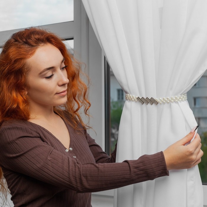 Подхват для штор «Геометрия», жемчуг на резинке, 2,2 × 7,5 см, 2 × 45 см, цвет белый Подхват для штор «Геометрия», жемчуг на резинке, 2,2 × 7,5 см, 2 × 45 см, цвет белый