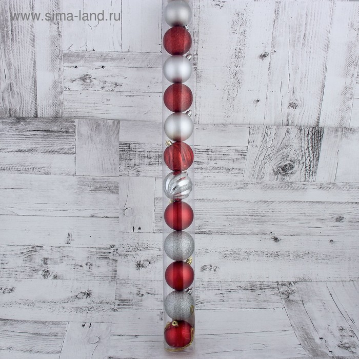 Набор шаров пластик d-6 см, 12 шт Набор шаров пластик d-6 см, 12 шт "Улыбка" серебро красный