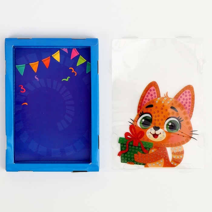 Алмазная мозаика на новый год в рамке для детей «Котик с подарком», новогодний набор для творчества