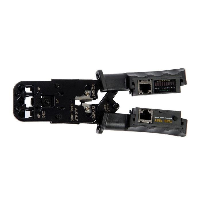 Кримпер-тестер ТУНДРА, с тестером кабеля, RJ-45 8P, RJ-12 6P, RJ-11 4P, вертикальный обжим Кримпер-тестер ТУНДРА, с тестером кабеля, RJ-45 8P, RJ-12 6P, RJ-11 4P, вертикальный обжим