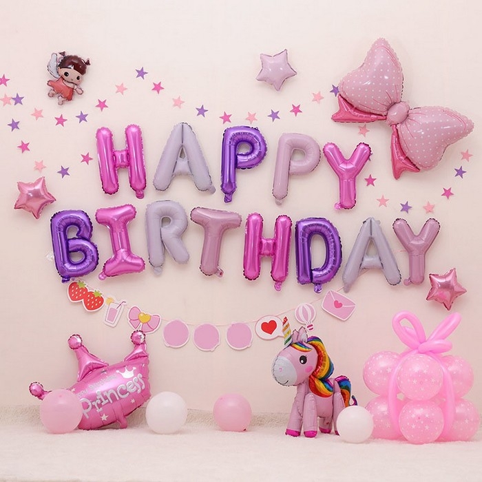 Воздушные шары фольгированные 16", гирлянда Happy Birthday, розовая