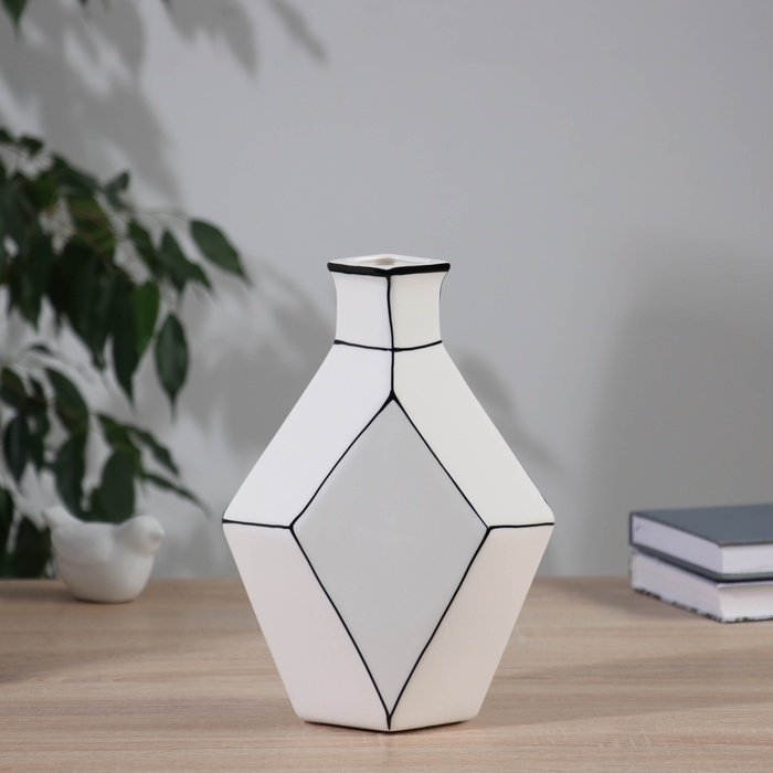 Ваза керамика настольная Ваза керамика настольная "Пикассо" (ручная роспись) грани горлышко, 24х16 см, чёрно-белый