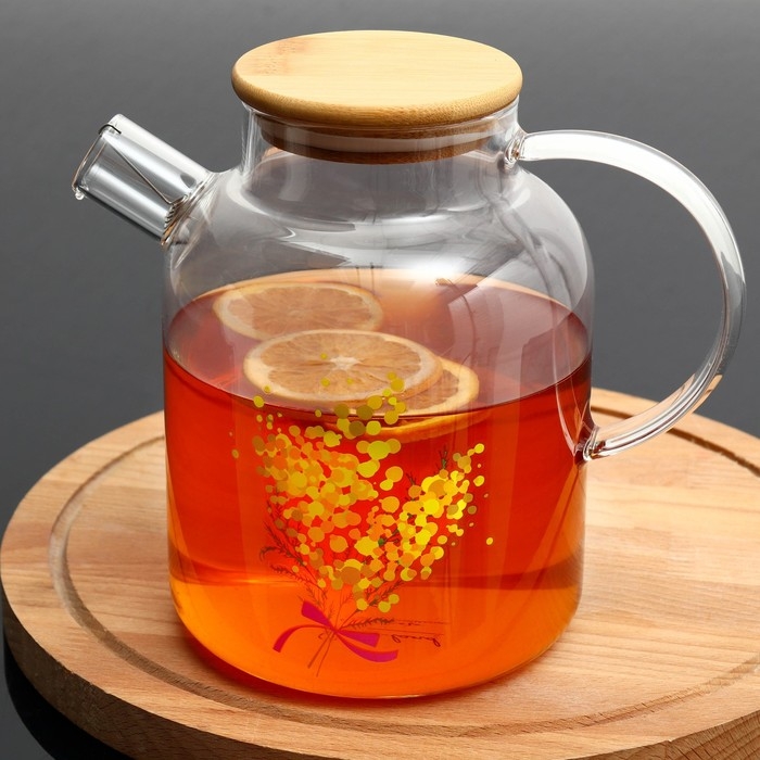 Чайник стеклянный заварочный с бамбуковой крышкой «Нежная мимоза», 1700 мл Чайник стеклянный заварочный с бамбуковой крышкой «Нежная мимоза», 1700 мл