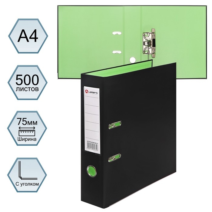 Папка-регистратор А4, 75 мм, Lamark, ПВХ, двухстороннее покрытие, металлическая окантовка, карман на корешок, собранная, черный/зелёный Папка-регистратор А4, 75 мм, Lamark, ПВХ, двухстороннее покрытие, металлическая окантовка, карман на корешок, собранная, черный/зелёный