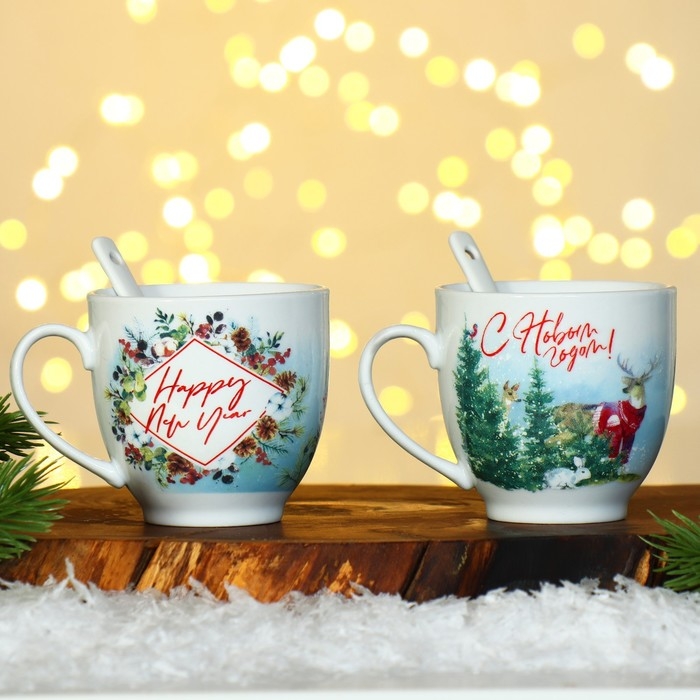 Новый год. Набор из керамики Happy New year, кружка 180 мл, 2 шт, ложка 2 шт, цвет белый