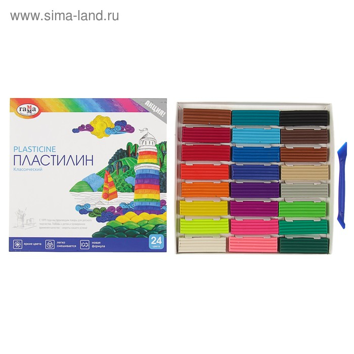 Пластилин 24 цвета 480 г,  Пластилин 24 цвета 480 г, "Гамма" "Классический", со стеком