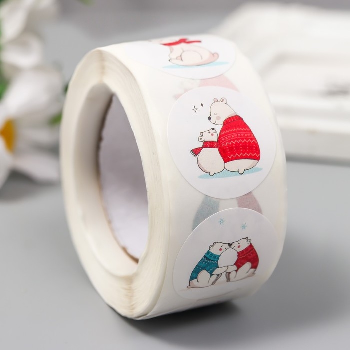 Наклейка бумага Наклейка бумага "Белые медведи" d=2,5 см 500 шт в рулоне 3х6,5х6,5 см