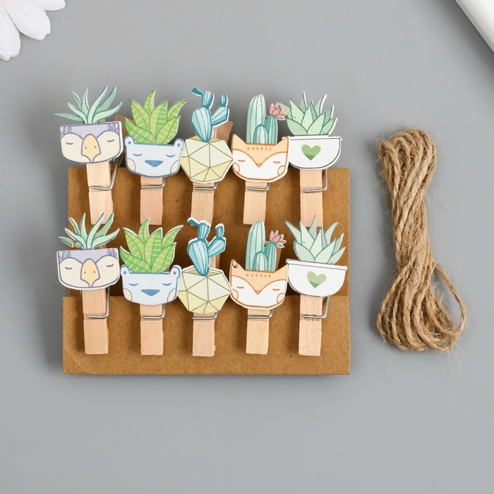 Декор для творчества дерево Декор для творчества дерево "Прищепка. Растения в горшочках" набор 10 шт 4х2х1,2 см