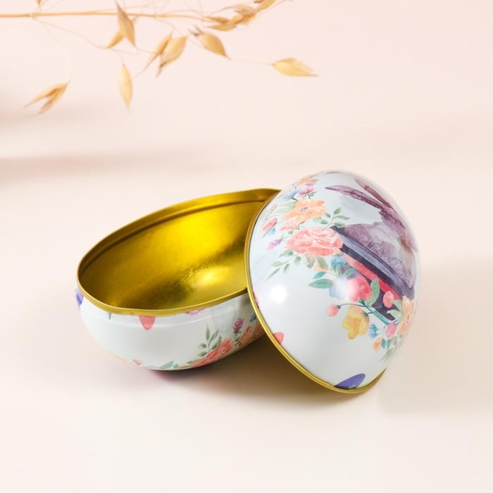 Шкатулка металл яйцо  Шкатулка металл яйцо "Пасхальный зайка в горшке" 7х6,5х11 см