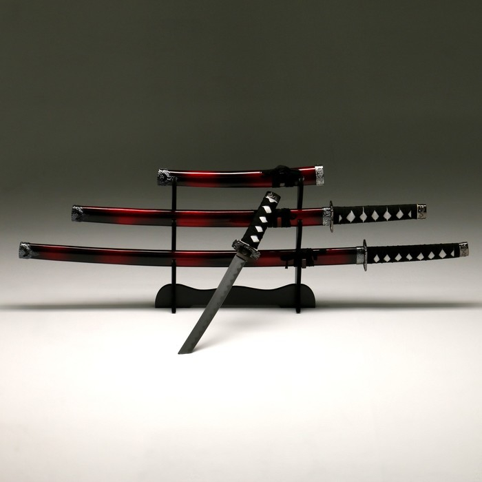 Сув. изделие катаны 3в1 на подставке, ножны дерево, черные с дымкой бордо глянец 51/77/100см Сув. изделие катаны 3в1 на подставке, ножны дерево, черные с дымкой бордо глянец 51/77/100см