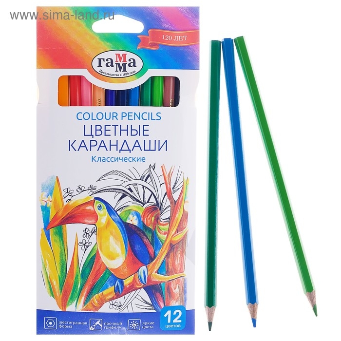 Карандаши 12 цветов  Карандаши 12 цветов "Гамма" "Классические", стержень d=2.6 мм, шестигранные