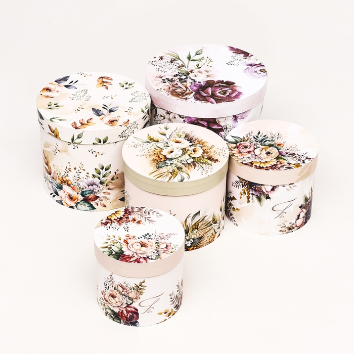 Набор шляпных коробок 5 в 1  Набор шляпных коробок 5 в 1 "Пёстрые цветы" , 22 х 19,5 , 14 х 13 см