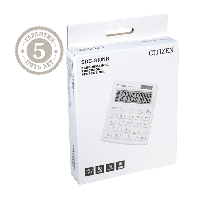 Калькулятор настольный Citizen  Калькулятор настольный Citizen "SDC810NR", 10-разрядный, 127 х 105 х 21 мм, двойное питание, белый