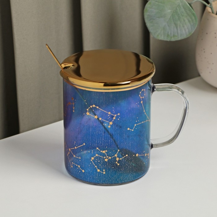 Кружка стеклянная с керамической крышкой и ложкой «Созвездие», 370 мл, цвет МИКС