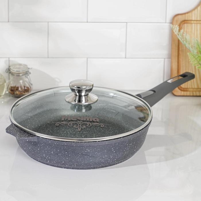 Сковорода «Гранит», d=28 см, стеклянная крышка, съёмная ручка, антипригарное покрытие, цвет серый