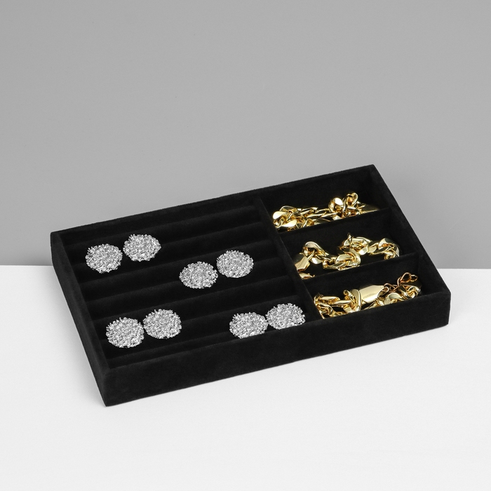 Подставка для украшения 3 ячейки и 7 полос для колец, флок, 21×12,3×2,5 см, цвет чёрный Подставка для украшения 3 ячейки и 7 полос для колец, флок, 21×12,3×2,5 см, цвет чёрный