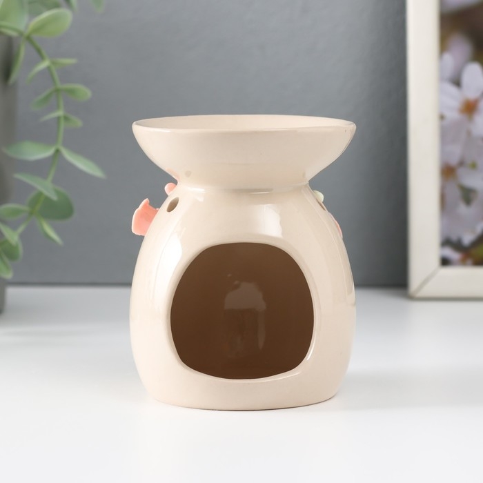 Аромалампа керамика  Аромалампа керамика "Розовые розы с листиками" бежевая 7,5х7,5х9 см