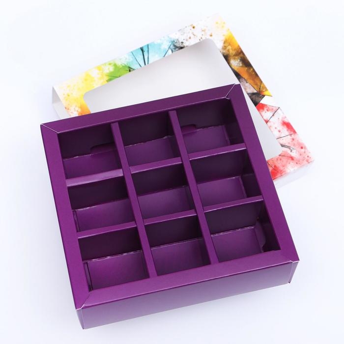 Коробка под 9 конфет с обечайкой  Коробка под 9 конфет с обечайкой " Зонтики " с окном 14,5 х 14,5 х 3,5 см