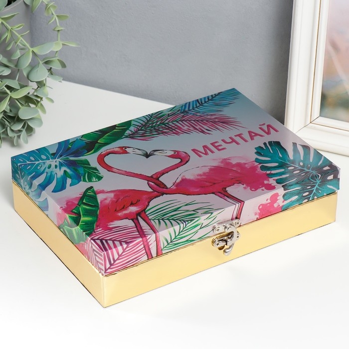 Шкатулка дерево  Шкатулка дерево "Розовые фламинго. Мечтай" кожзам глянец 5,5х24х17 см