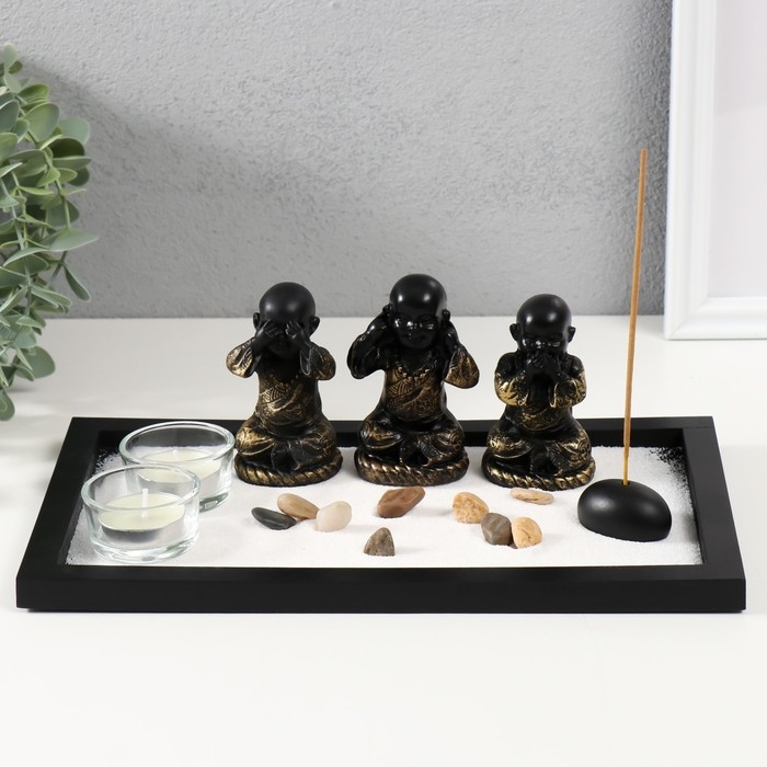 Сад камней Дзен  Сад камней Дзен "Ничего не вижу, не слышу, не скажу" с 2мя свечками и аромапалочкой 28х16,5