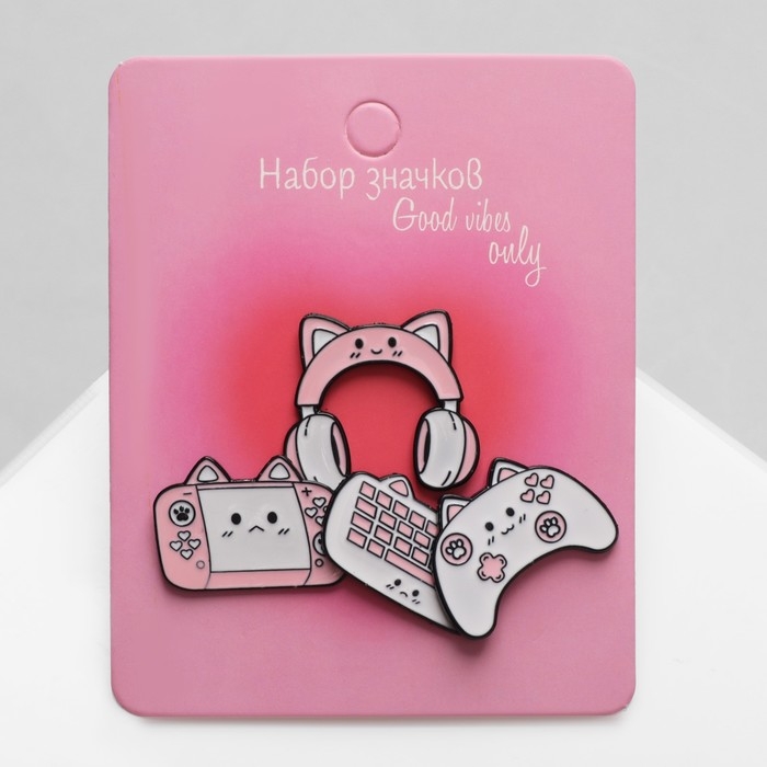 Набор значков (4 шт.) «Кото-гаджеты», цвет бело-розовый в чёрном металле Набор значков (4 шт.) «Кото-гаджеты», цвет бело-розовый в чёрном металле