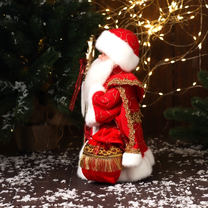 Дед Мороз "В шубе и с мешком с нашивкой" двигается, 30х18 см, красный