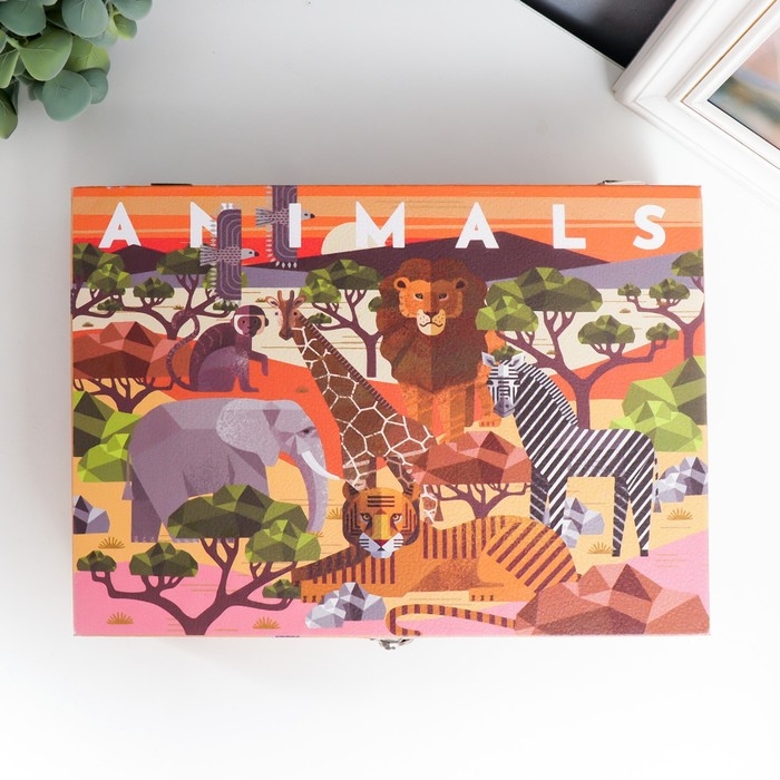 Шкатулка дерево Шкатулка дерево "Звери Африки" кожзам и бархат 5,5х24х17 см