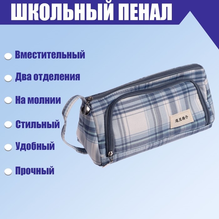 Пенал мягкий 2 отделения, 95 х 210 х 90 мм, объёмный с откидной планкой, с ручкой, Calligrata, Пенал мягкий 2 отделения, 95 х 210 х 90 мм, объёмный с откидной планкой, с ручкой, Calligrata, "Шотландка", серо-белая