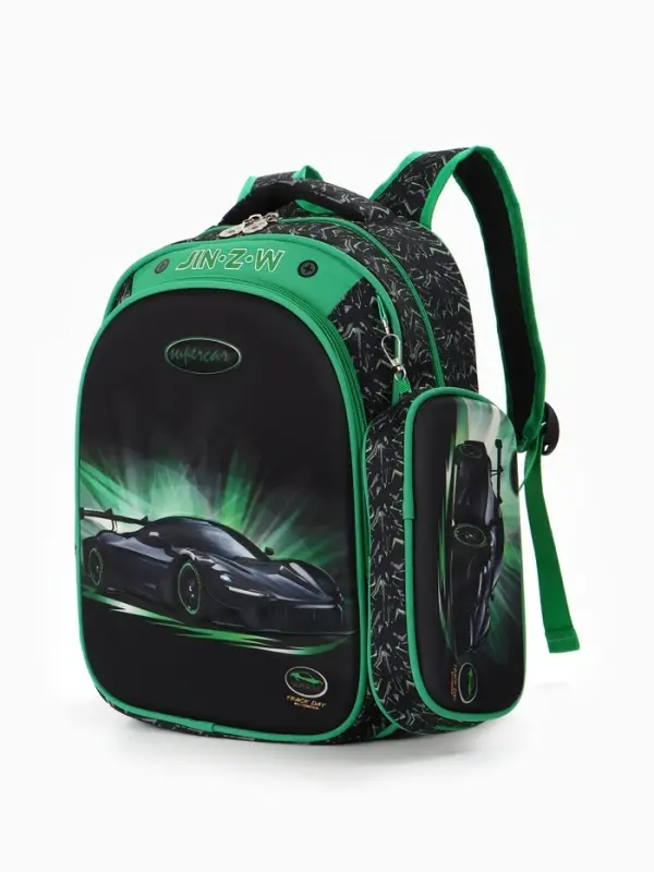 Рюкзак школ. с Эргон. спин. 30*12*36 см, 2отд, 2н/карм+Пенал, мальчик, Машина, черн/зел