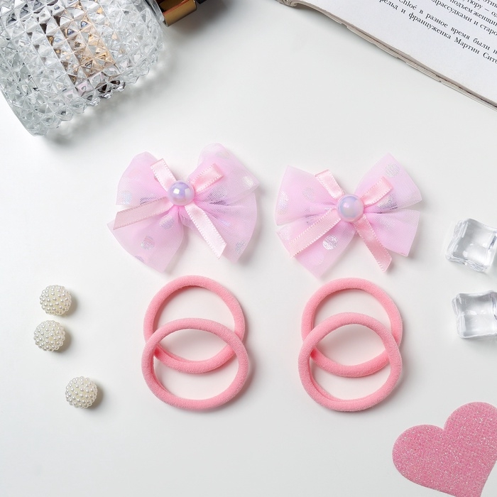 Набор для волос Набор для волос "Кокетка" (4 резинки 4 см, 2 зажима 7 см) бантик переливы, розовый