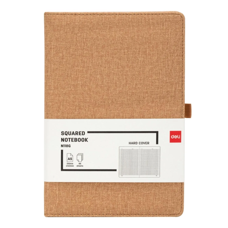 Бизнес-блокнот Deli А5 96л клет 80г тверд.облож, петл/ручк,хаки кожа EN118G