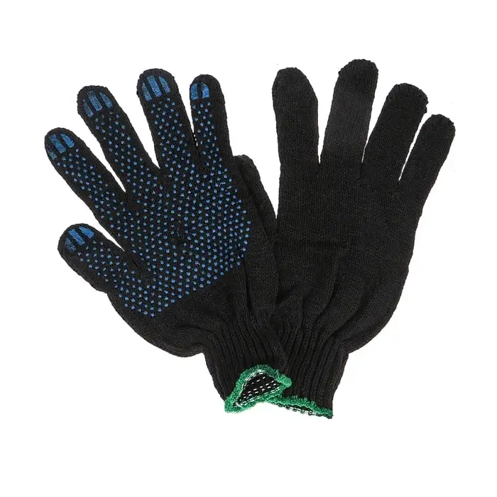 Перчатки садовые, хб, вязка 7 класс, 3 нити, размер 9, с ПВХ точками, чёрные Перчатки садовые, хб, вязка 7 класс, 3 нити, размер 9, с ПВХ точками, чёрные