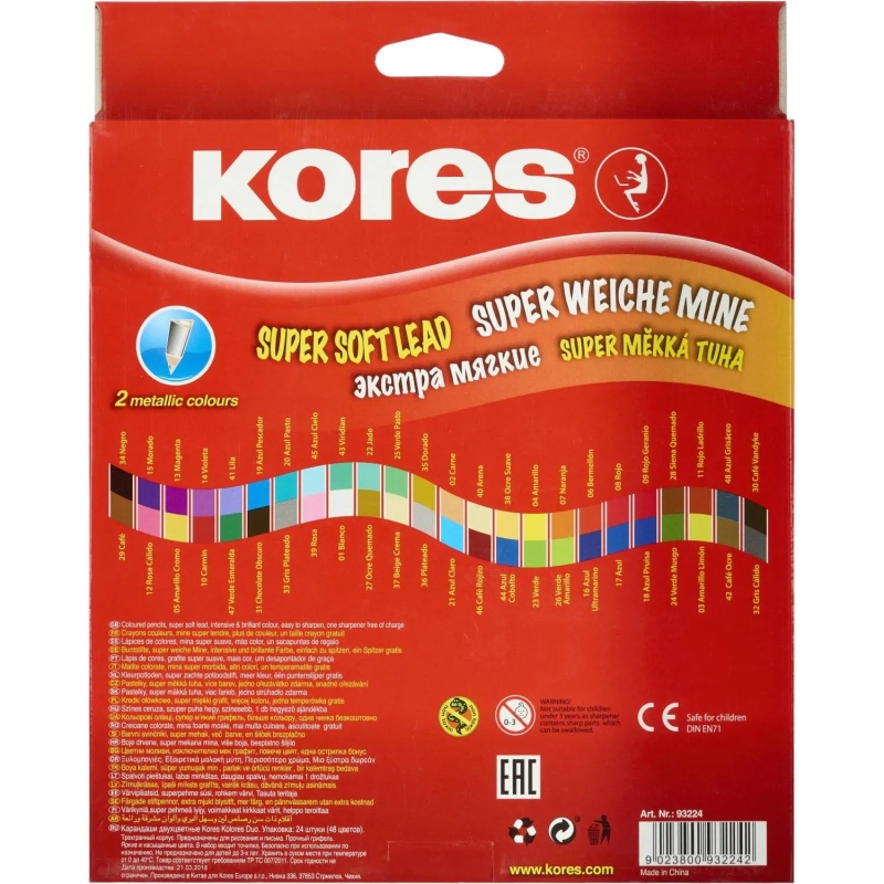 Карандаши цветные 48цв 24шт 3-гран,двустор с точилкой Kores 93224.