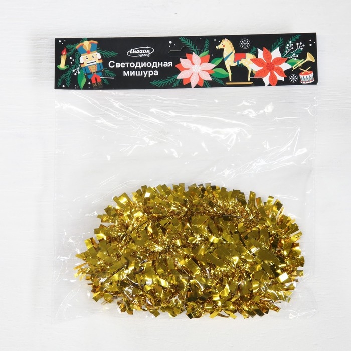 Гирлянда «Мишура» 1 м роса, IP20, золотистая нить, 22 LED, 6 слоёв, d=5 см, батарейки CR2032х2 (в комплекте), свечение тёплое белое