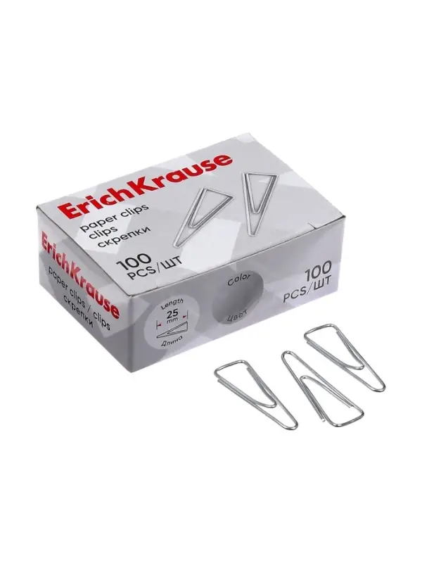 Скрепки канцелярские 25 мм, 100 штук, ErichKrause, никелированные, треугольные, картонная упаковка