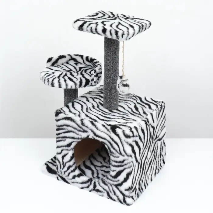 Домик для кошек с когтеточкой, 35&times;45&times;75 см, квадратный, 3х-этажный, ковролин, белый, чёрный