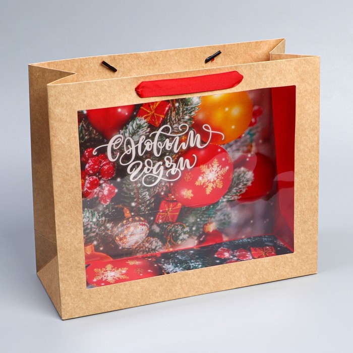Пакет подарочный новогодний крафтовый с пластиковым окном «Happiness», 31 х 26 х 11 см Пакет подарочный новогодний крафтовый с пластиковым окном «Happiness», 31 х 26 х 11 см