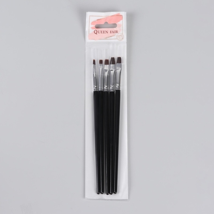 Набор кистей для наращивания и дизайна ногтей, плоские, 5 шт, 18 см, цвет чёрный