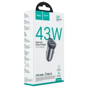 Переходник автомобильного зарядного устройства NZ16A HOCO на Type-C 25W + USB QC3.0 серый металлик