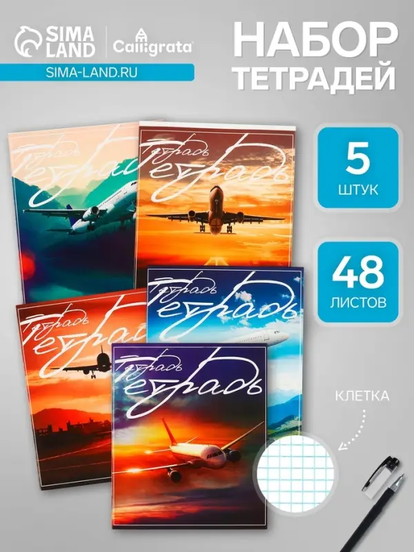 Набор тетрадей, 48 листов в клетку, Calligrata &laquo;Самолеты&raquo;, серые листы, 5 штук