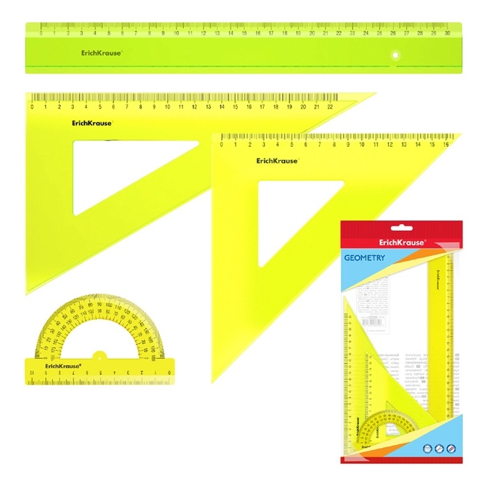Набор чертёжный ErichKrause Neon, большой (линейка, 2 угольника, транспортир), прозрачный, в флоупаке Набор чертёжный ErichKrause Neon, большой (линейка, 2 угольника, транспортир), прозрачный, в флоупаке