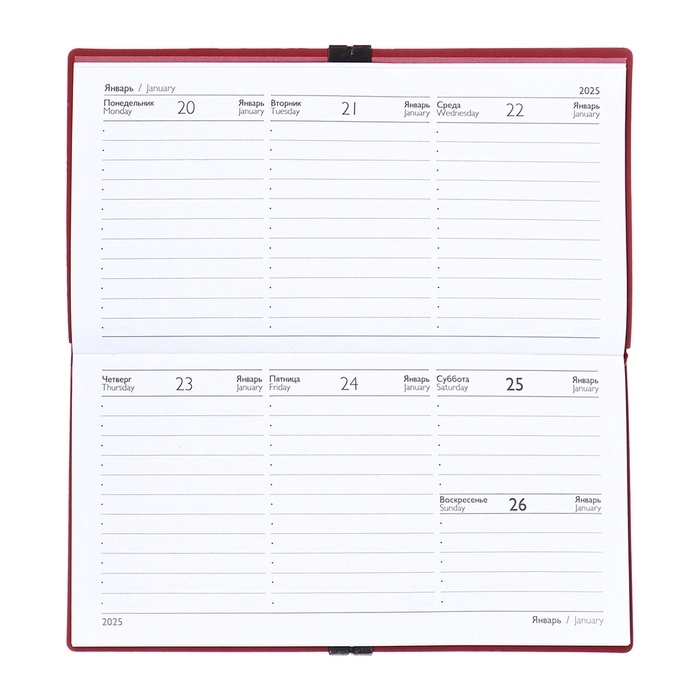 Еженедельник датир 2025г 175х95мм мягк обл иск кож 64л ESCALADA, бл тис, бл 70 г/м²,красный Еженедельник датир 2025г 175х95мм мягк обл иск кож 64л ESCALADA, бл тис, бл 70 г/м²,красный