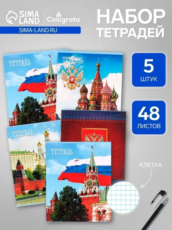 Набор тетрадей, 48 листов в клетку, Calligrata &laquo;Россия&raquo;, серые листы, 5 штук