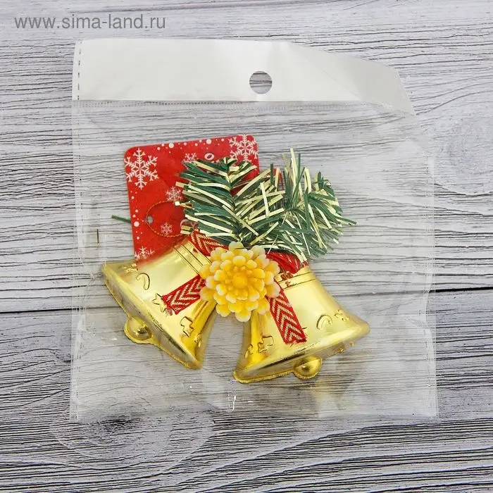 Ёлочная игрушка «Зимнее волшебство. Колокольчики с цветком» пластик, 8х6 см, золото Ёлочная игрушка «Зимнее волшебство. Колокольчики с цветком» пластик, 8х6 см, золото