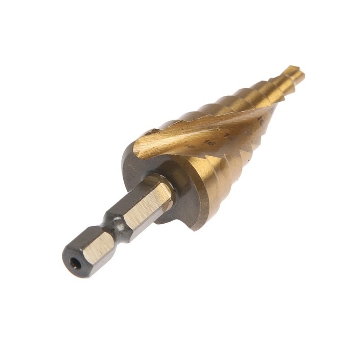 Сверло ступенчатое ТУНДРА ПРОФИ, HSS, TiN, спиральный профиль, шестигран. хвостовик, 4-20 мм Сверло ступенчатое ТУНДРА ПРОФИ, HSS, TiN, спиральный профиль, шестигран. хвостовик, 4-20 мм