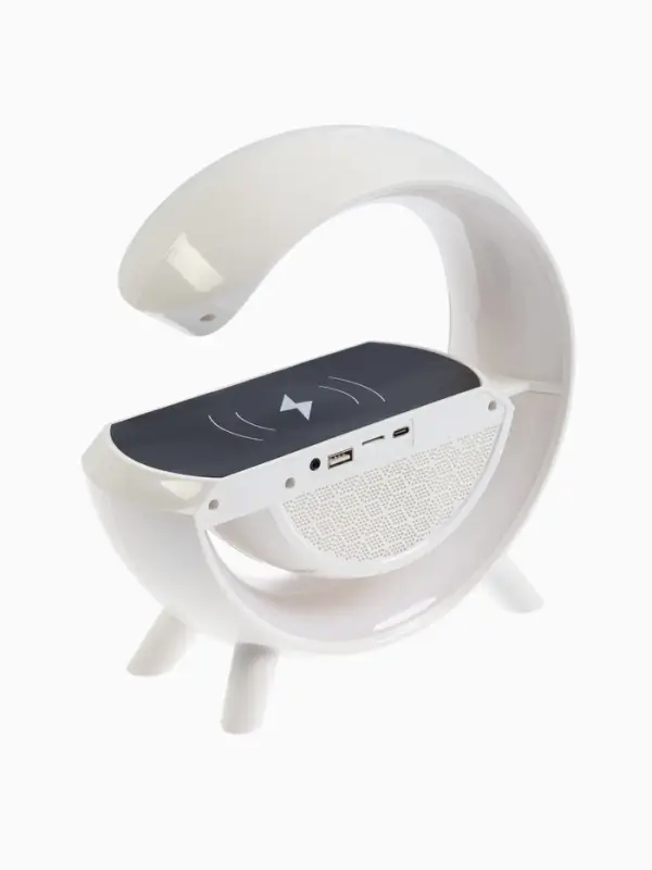 Колонка портативная - ночник, Bluetooth, беспроводная зарядка, часы, RGB-подсветка, 15 Вт, 3 А, белая